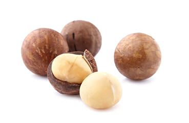 Macadamia nuts in closeup isolated on white background.
