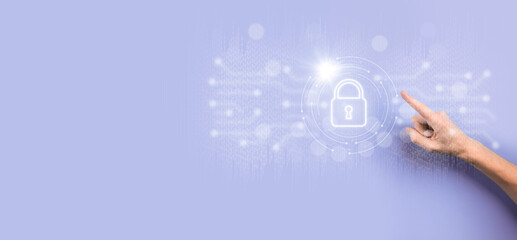 Cyber security network. Padlock icon and internet technology networking. Businessman protecting data personal information on tablet and virtual interface. Data protection privacy concept. GDPR. EU