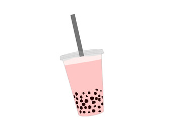 Strawberry boba drink or fruits bubble tea. Refreshing cocktail in  disposable glass with drinking straw