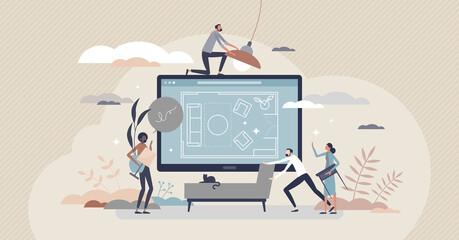 Interior design draw as professional team with apartment project tiny person concept. Indoor furnishing, decoration and lighting designers teamwork process for luxury, stylish and creative house style