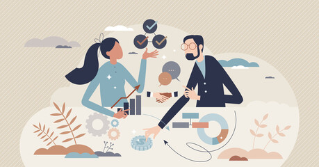 Business model canvas as company model planning and market strategy tiny person concept. Teamwork together as corporation plan analysis and pros cons research vector illustration. Effective approach.