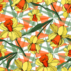 Vector Narcissus floral botanical flower. Yellow and green engraved ink art. Seamless background pattern.