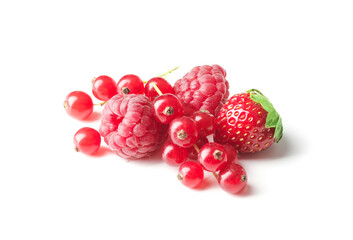 Different ripe tasty berries on white background such as strawberries, cherries, raspberries, blueberries, currants, blueberries.