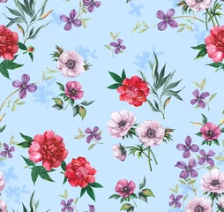 Gardinen Bright feminine watercolor botanical floral fashionable stylish pattern with peony and anemone flowers on a light blue background © Arina