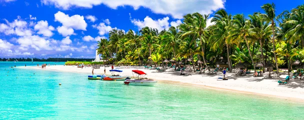Poster Idyllic tropical white sandy beach Trou aux biches with turquoise sea. Mauritius island holidays © Freesurf