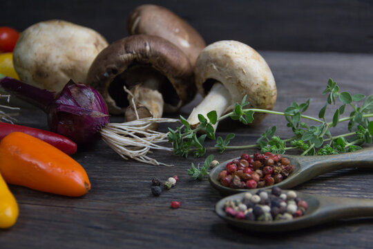 champinion mushrooms and fresh vegetables from the organic garden