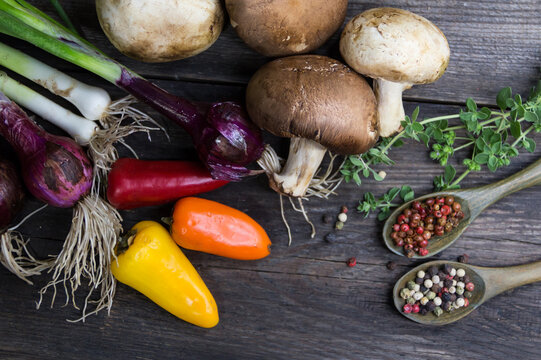 champinion mushrooms and fresh vegetables from the organic garden