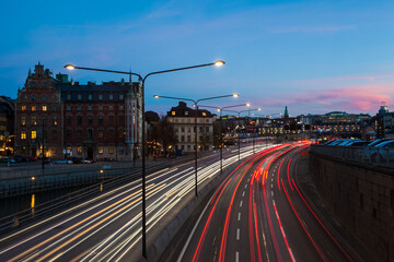 Urban traffic att cityscape of Central Stockholm, Sweden
