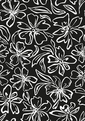 Monochrome floral drawing seamless repeat pattern. Random placed, hand drawn vector flowers with leaves outlined all over print on black background.