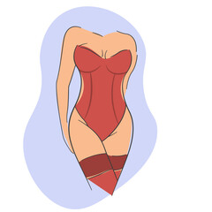 Female body in red corset and stockings vector illustration. Woman in underwear simple cartoon design