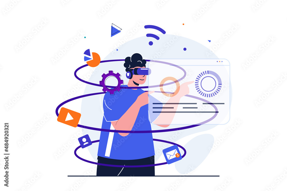 Poster cyberspace modern flat concept for web banner design. man in vr glasses explores augmented reality o