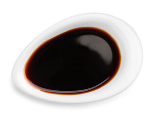 Bowl of soy sauce isolated on white, top view