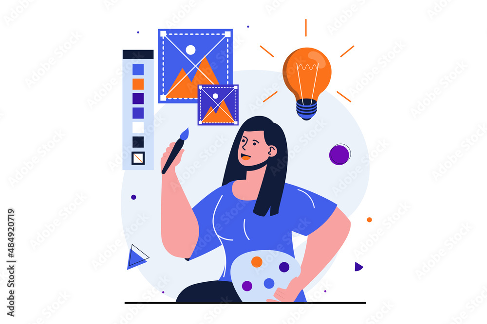Poster designer studio modern flat concept for web banner design. woman illustrator drawing digital images 