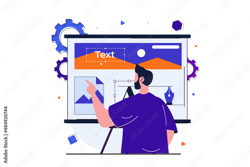 Aufkleber designer studio modern flat concept for web banner design. male developer works with layout of site,