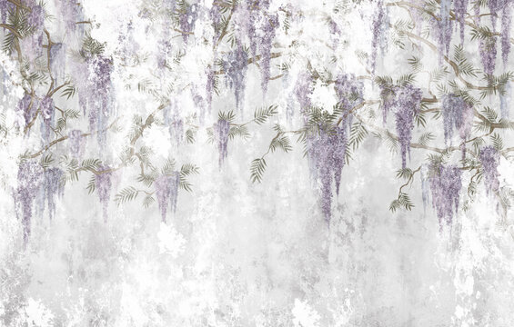 decorative flowers that hang from branches on a textured wall, photo wallpaper in the interior © Виктория Лысенко