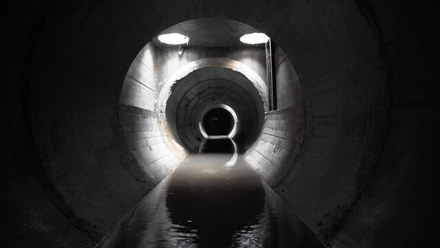 New concrete drainage rainwater collector, in a concrete pipe, inside view.