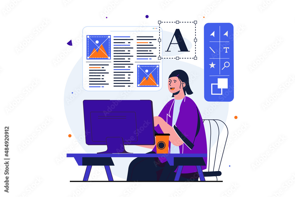 Poster Designer studio modern flat concept for web banner design. Woman works at computer, develops layout and usability of site, works with images and text. Vector illustration with isolated people scene