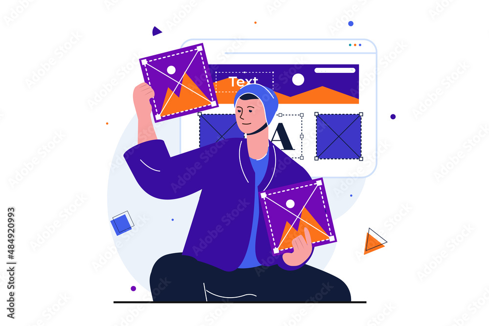 Poster designer studio modern flat concept for web banner design. man selects images for filling site, crea