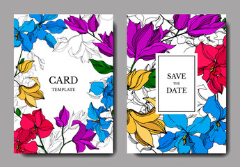 Vector Orchid floral botanical flowers. Black and white engraved ink art. Wedding background card decorative border.