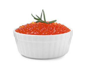 Bowl of delicious red caviar and rosemary isolated on white