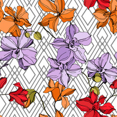 Orchid floral botanical flowers. Black and white engraved ink art. Seamless background pattern.