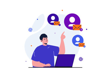 Email service modern flat concept for web banner design. Marketer makes mass promotional mailing and sends letters to different recipients using laptop. Vector illustration with isolated people scene
