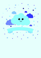 greeting card on a blue background. cloud with a month on a postcard.