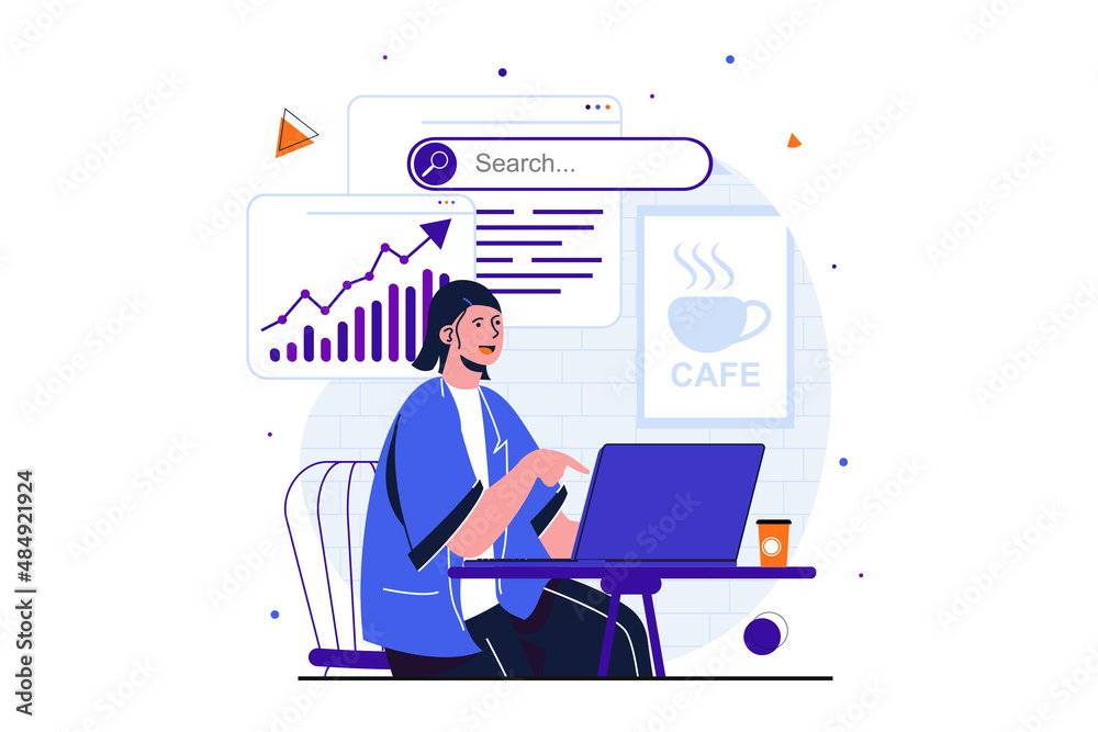 Poster Freelance working modern flat concept for web banner design. Woman manager analyzes data from laptop, working online while sitting at table in cafe. Vector illustration with isolated people scene