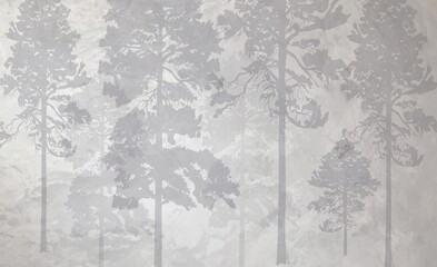 Photo wallpapers for the interior. Wall decor in grunge style. The forest is in a fog. A fresco depicting a forest.