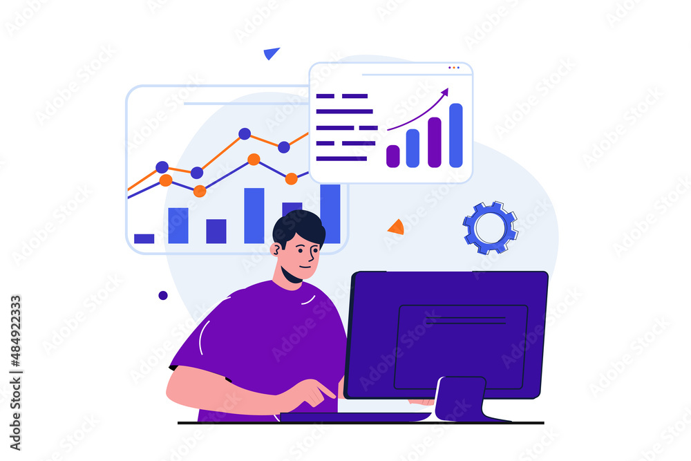 Aufkleber Marketing modern flat concept for web banner design. Man analyzes data, studies graphs and develops strategy and marketing plan for promoting business. Vector illustration with isolated people scene