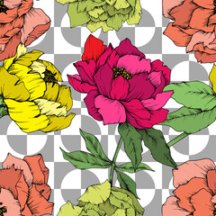 Vector Peony floral botanical flower. Wild spring leaf isolated. Engraved ink art. Seamless background pattern.