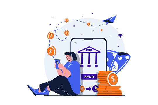 Mobile banking modern flat concept for web banner design. Woman pays for purchases or sends money using smartphone app. Financial account service online. Vector illustration with isolated people scene
