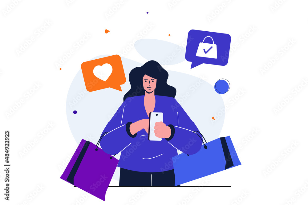 Fototapete mobile commerce modern flat concept for web banner design. woman with shopping bags browses assortme