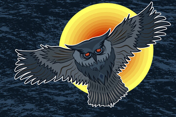 Owl flies at the night sky vector illustration. Drawing for books or print banner design