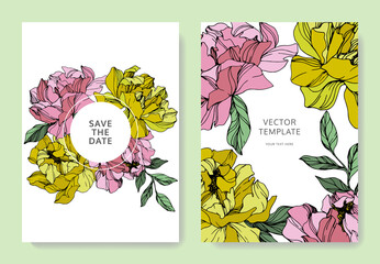 Vector Pink and yellow peony flower. Engraved ink art. Wedding background. Thank you, rsvp, invitation elegant card set.