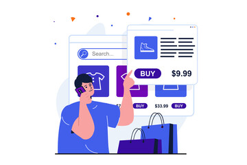 Mobile commerce modern flat concept for web banner design. Man chooses goods in online store and calls customer support for consultation and ordering. Vector illustration with isolated people scene