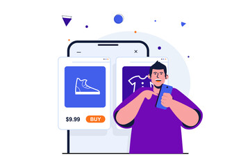Mobile commerce modern flat concept for web banner design. Customer chooses goods in online store and compares prices, makes purchases in application. Vector illustration with isolated people scene