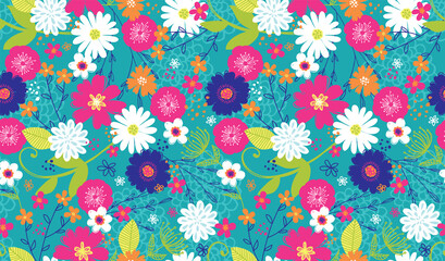 Fun seamless floral pattern in a bright, trendy color scheme. A modern twist on a retro floral print.
