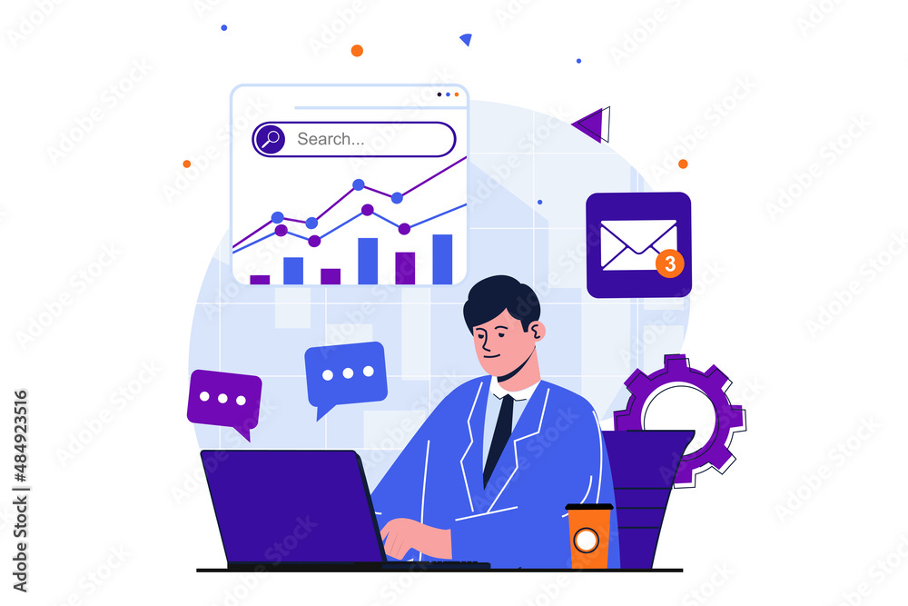 Aufkleber office work modern flat concept for web banner design. male employee analyzes financial statistics g