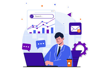 Office work modern flat concept for web banner design. Male employee analyzes financial statistics graphs, writes report and answers incoming emails. Vector illustration with isolated people scene