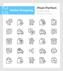 Online shopping pixel perfect linear icons set. Electronic commerce. Customizable thin line symbols. Isolated vector outline illustrations. Editable stroke. Quicksand-Light font used
