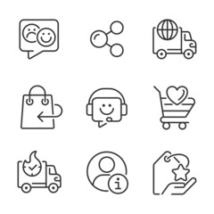 Online shopping assistance pixel perfect linear icons set. Customer and client service. Help desk. Customizable thin line symbols. Isolated vector outline illustrations. Editable stroke