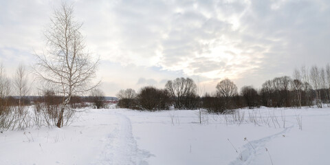 Winter walk through forests and fields, beautiful panorama.