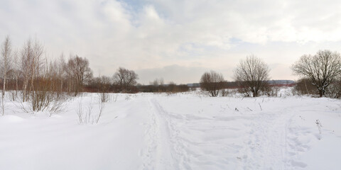 Winter walk through forests and fields, beautiful panorama.