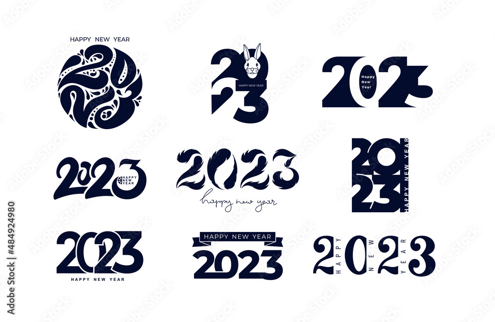 Wall mural Creative big set of 2023 Happy New Year logo design. Number 2023 design template. Christmas decoration 2023 Happy New Year symbols. Vector illustration with gold labels. Isolated on white background.