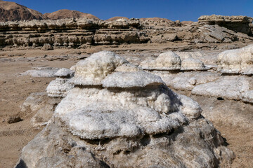 Ecological catastrophe of the Dead Sea. Erosion and salt formations on the surface of the earth.