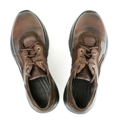 Pair of brown leather shoes shot from above