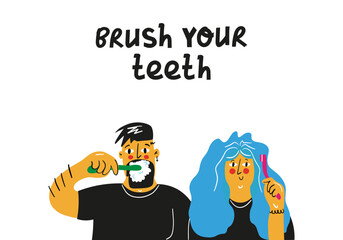 Couple brushing teeth. Hand drawn illustration. Oral hygiene and healthcare concept.