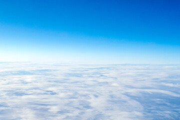 Panoramic skyline, above sky. Panorama with blue sky and white clouds, space for text