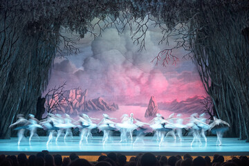 Classical ballet on stage of Theater. Ballet dancers on stage dance classical works. Form of...